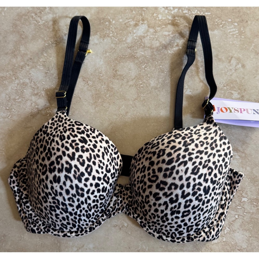Joyspun T-Shirt Bra Women 34D Leopard Print Tan Black Underwire NEW